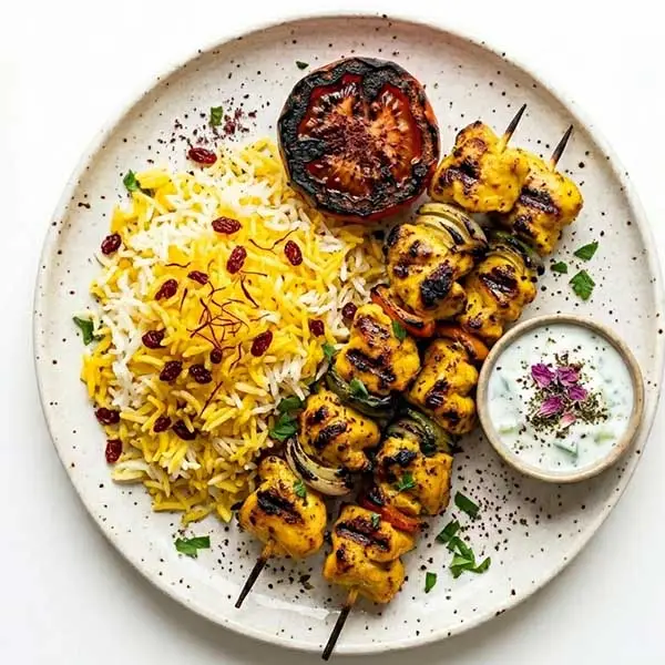 Joojeh Kebab With Saffron Butter Rice & Grilled Tomato